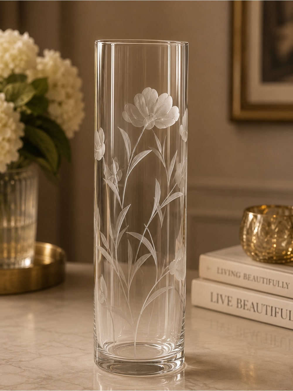 Floral Etched Glass Vase
